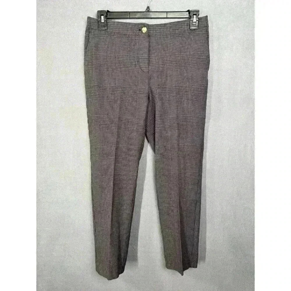 J. Jill Plaid Pants Size 8 Brown Blue Brushed Twill Bi-Stretch Ankle Button Zip - Picture 1 of 12